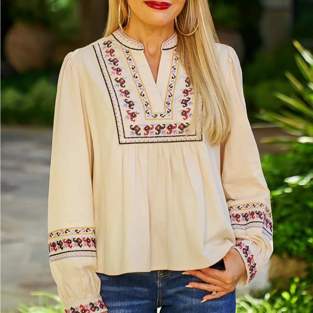 Boho Embroidered Beige Blouse